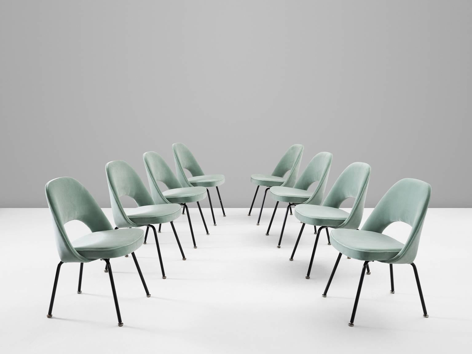 Set of eight chairs model 72, in metal and fabric, by Eero Saarinen for Knoll International, United States, 1948. 

Eight organic shaped chairs designed by Eero Saarinen. This iconic model is reupholstered in a soft sea-green velvet fabric. A