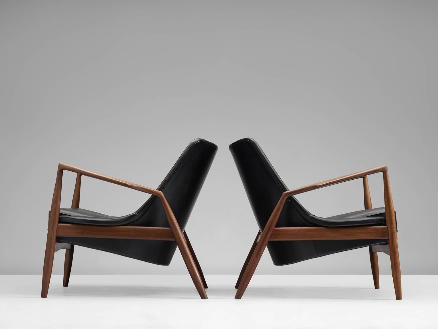Scandinavian Modern Ib Kofod-Larsen Set of Two 'Seal' Lounge Chairs in Black Leather