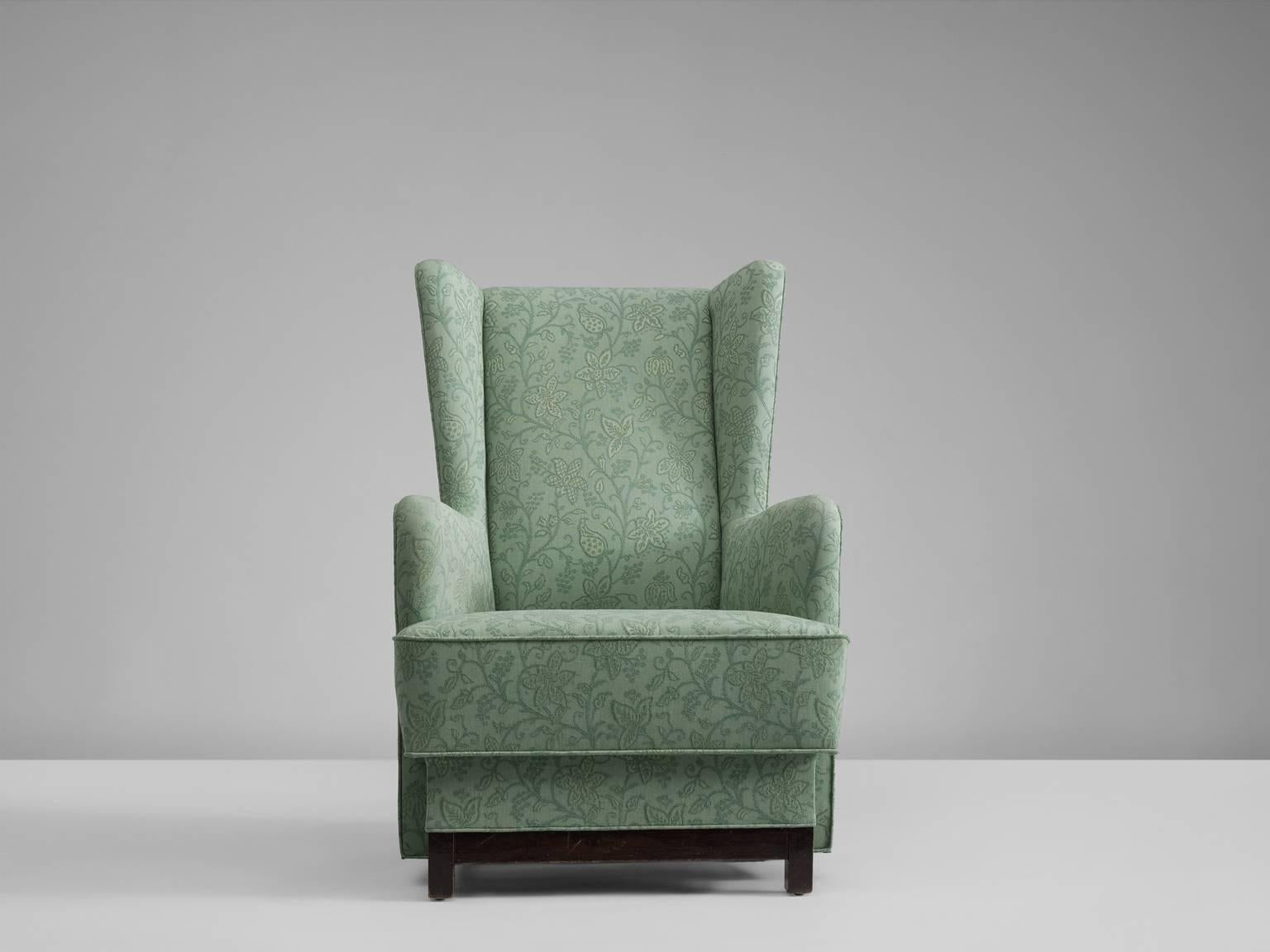 Mid-Century Modern Danish Wing Back Chair in Green Floral Upholstery, 1940s