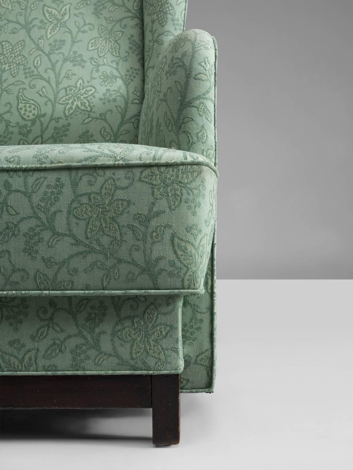 Mid-20th Century Danish Wing Back Chair in Green Floral Upholstery, 1940s