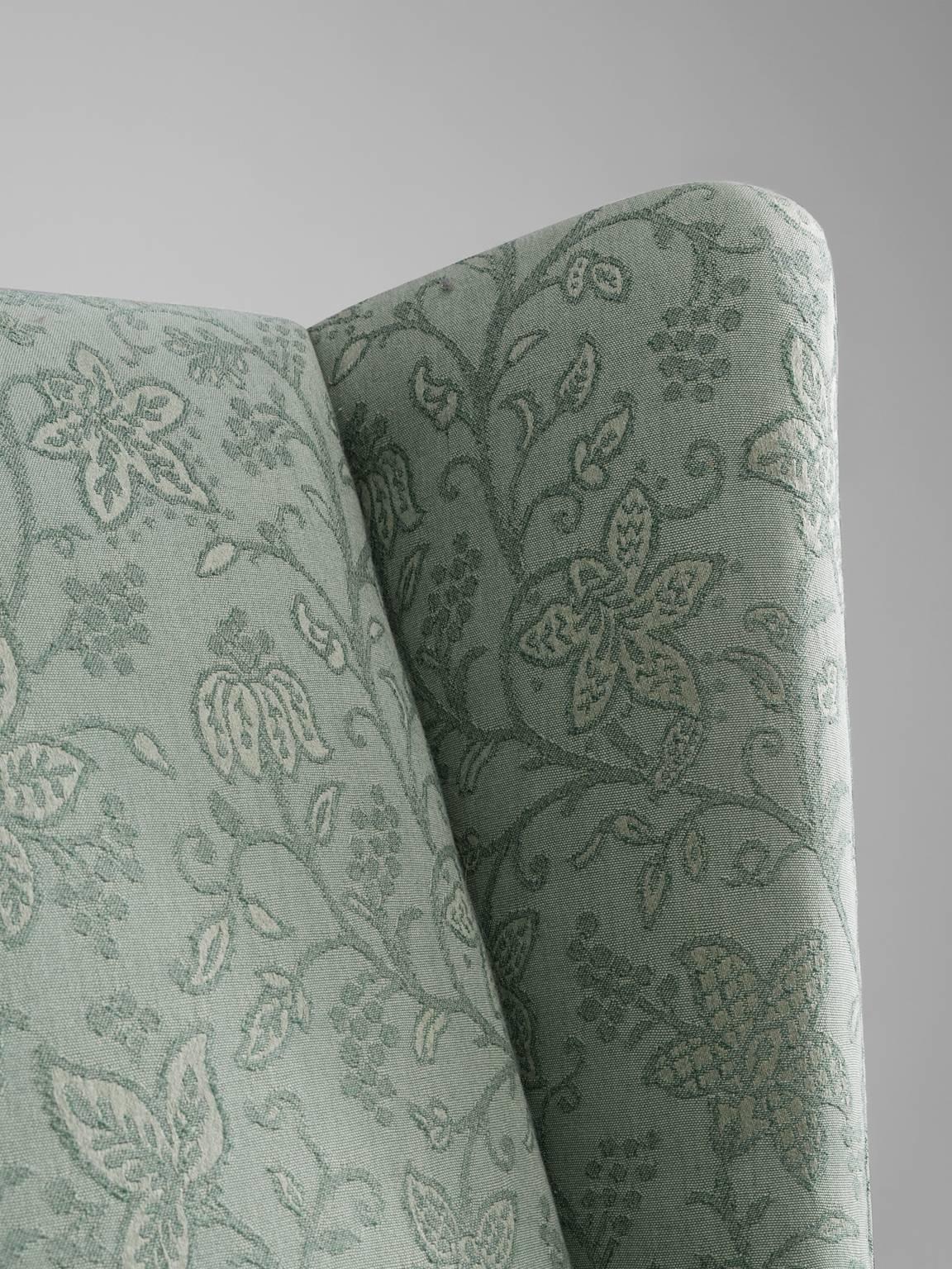 Fabric Danish Wing Back Chair in Green Floral Upholstery, 1940s