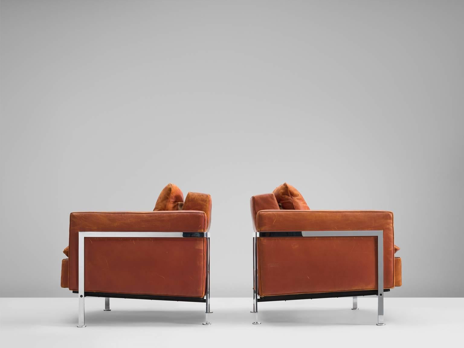 Swiss Robert Hausmann Pair of Cognac Leather Lounge Chairs for Desede Switzerland 1954