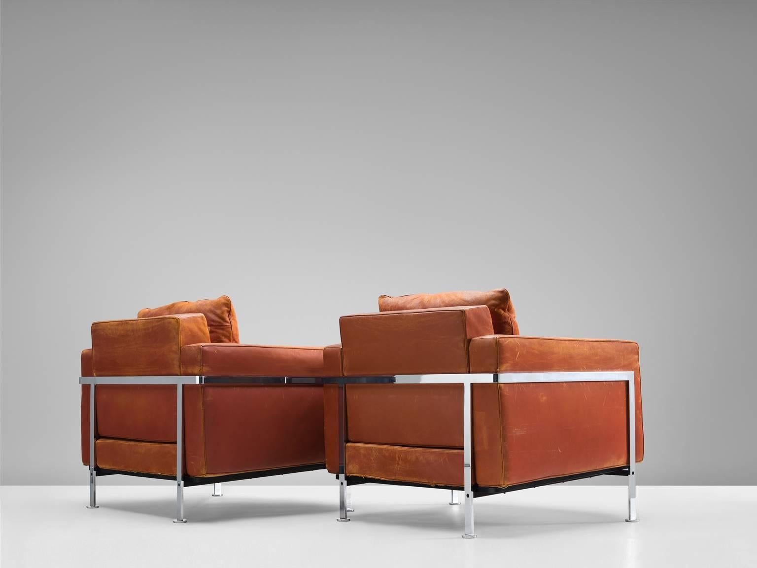 Hollywood Regency Robert Hausmann Pair of Cognac Leather Lounge Chairs for Desede Switzerland 1954