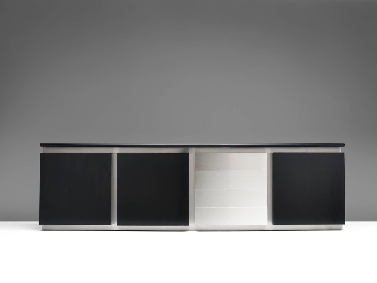 Hollywood Regency Acerbis Sideboard in Stained Oak and Stainless Steel, Italy, 1970s