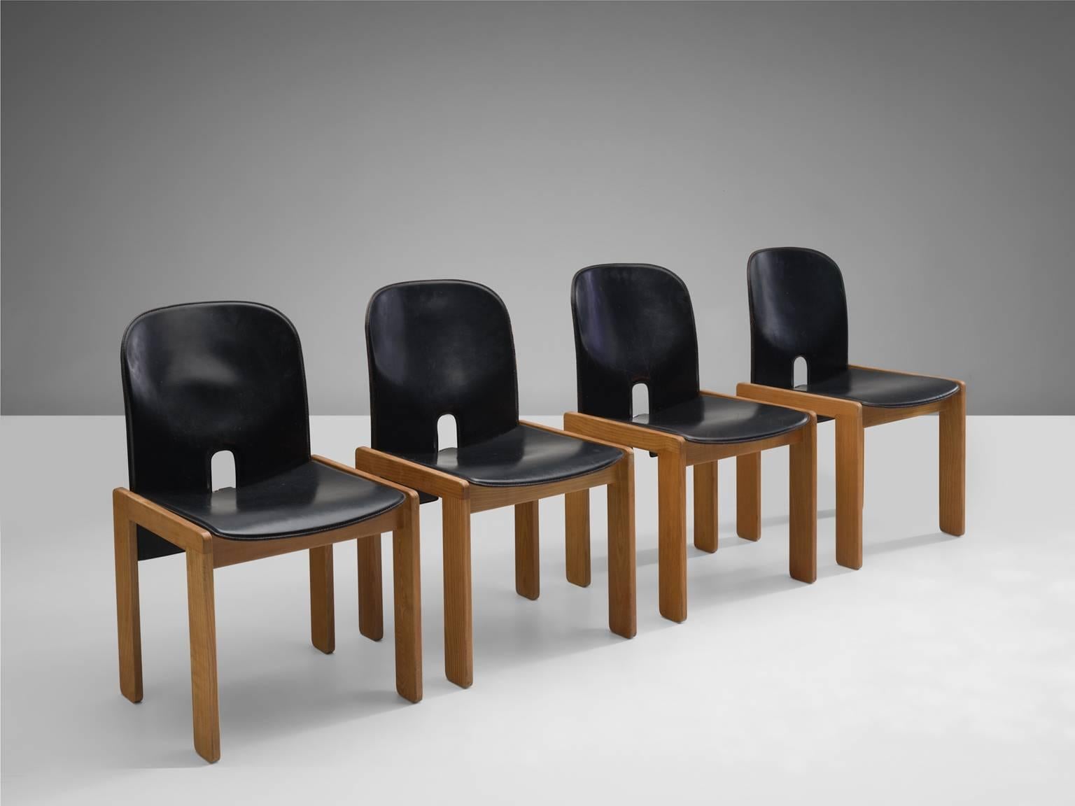 Mid-Century Modern Black Leather Afra and Tobia Scarpa Chairs, Model 121, for Cassina