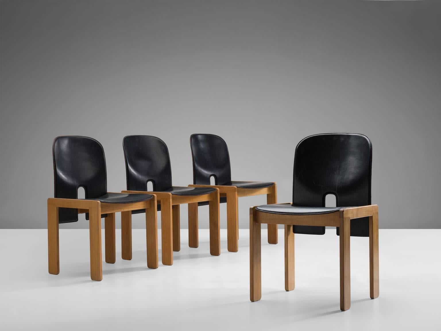 Italian Black Leather Afra and Tobia Scarpa Chairs, Model 121, for Cassina