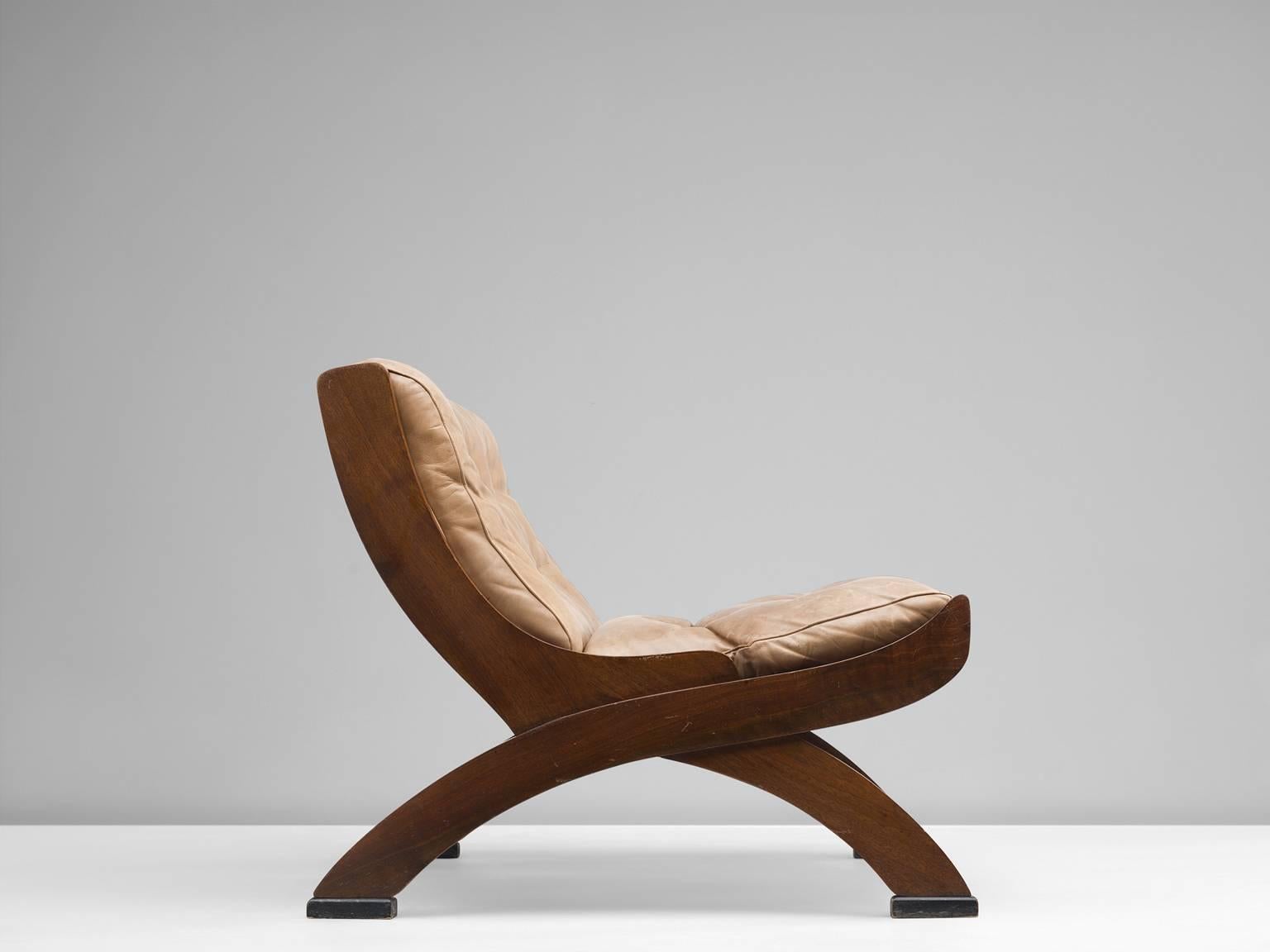 Mid-Century Modern M. Comolli Lounge Chair in Walnut and a Light Brown Leather