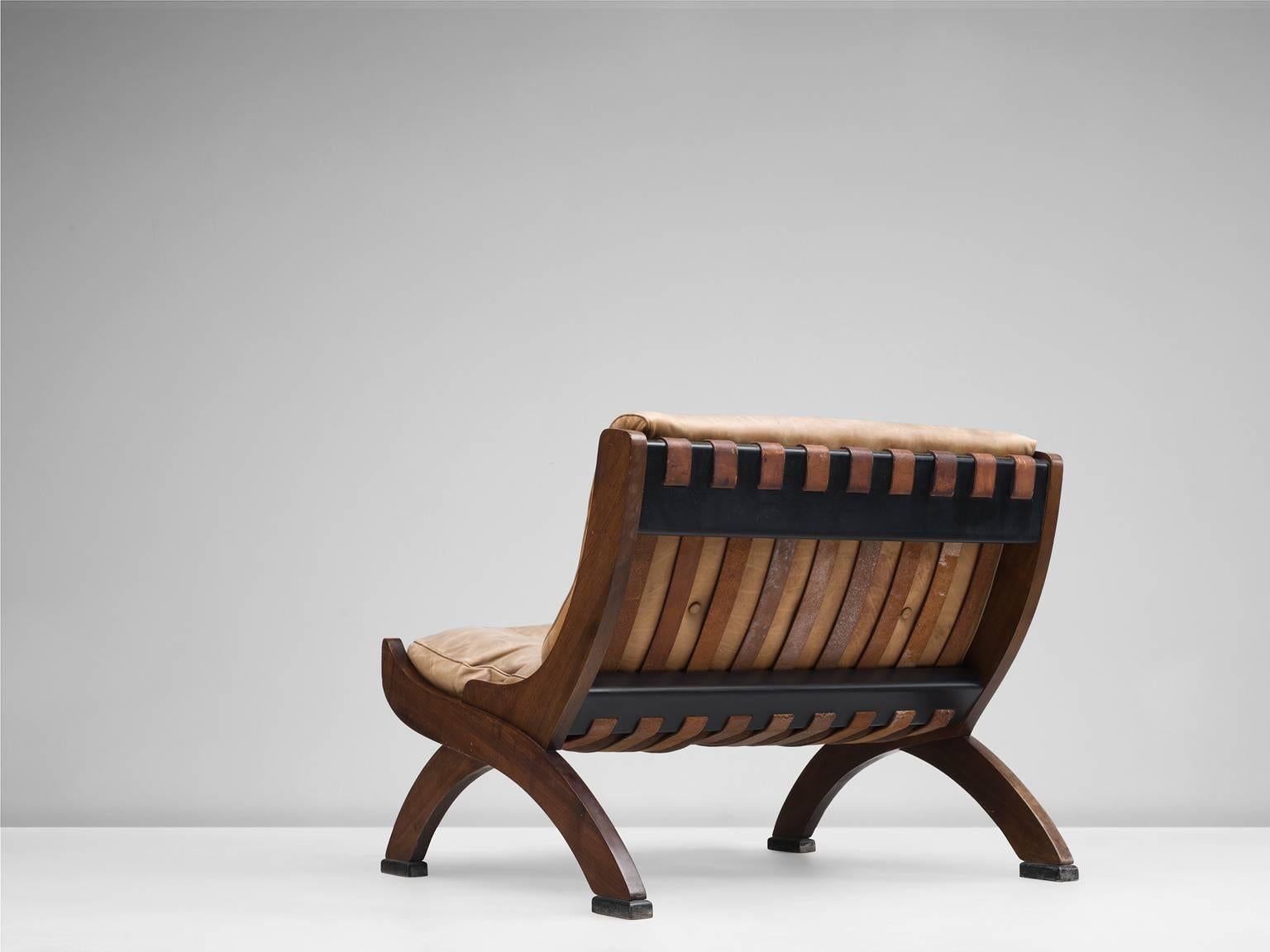 Italian M. Comolli Lounge Chair in Walnut and a Light Brown Leather