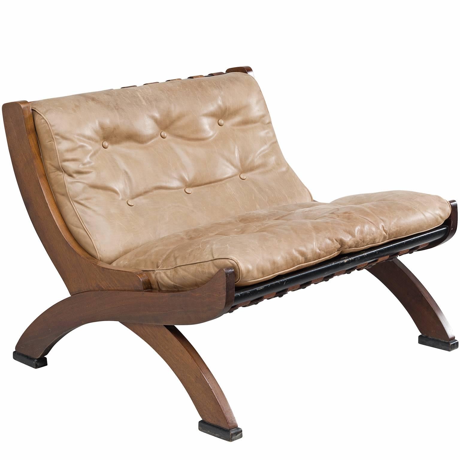 M. Comolli Lounge Chair in Walnut and a Light Brown Leather