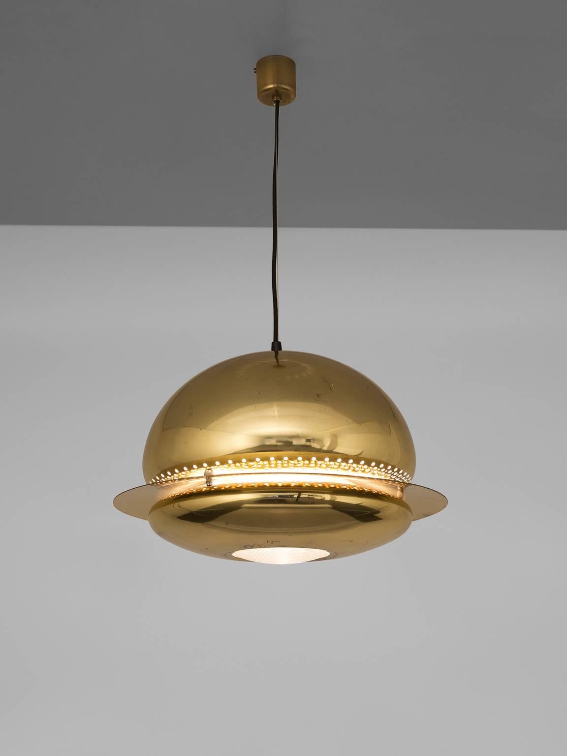 'Nictea' pendant in brass by Tobia Scarpa for Flos, Italy, 1960s.

This elegant lamp has a wonderful light partition, due to the two layers. The upper part is a smoothly curved half bowl, with holes in the suface. The upper part is connected to