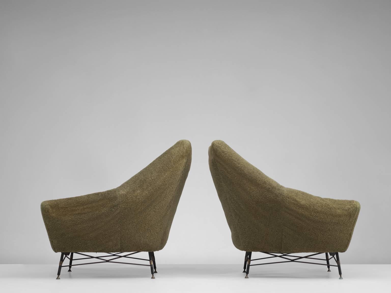 Mid-Century Modern Saporiti Attributed Pair of Lounge Chairs in Green Fabric