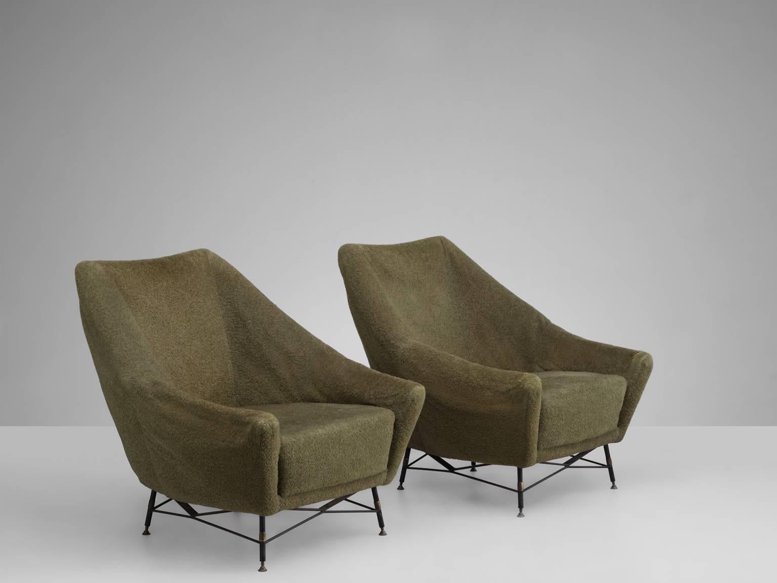 Italian Saporiti Attributed Pair of Lounge Chairs in Green Fabric