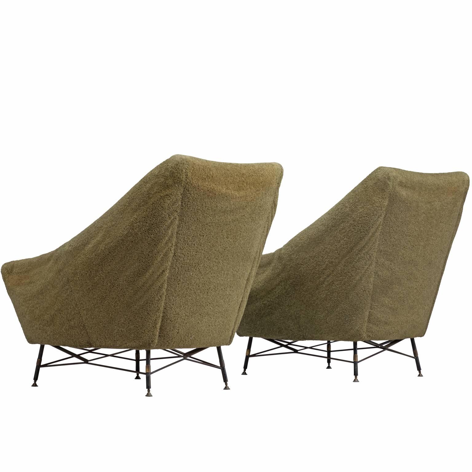 Saporiti Attributed Pair of Lounge Chairs in Green Fabric