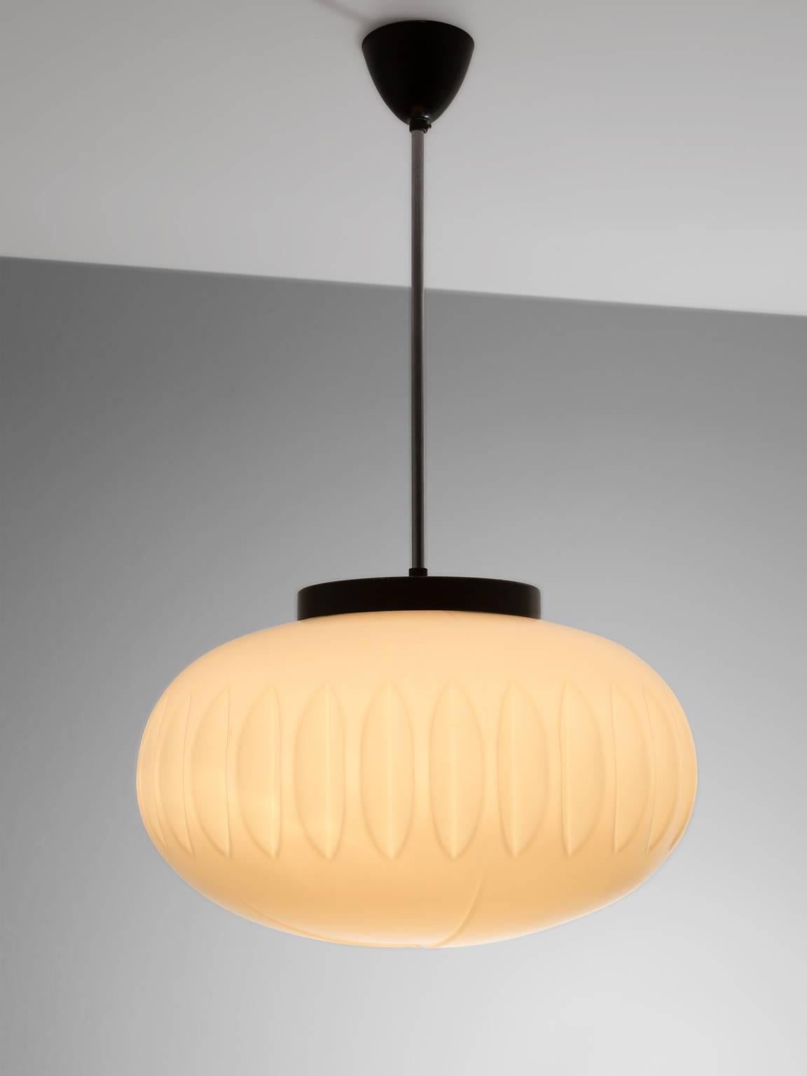 Very elegant ceiling lamps with a oval matte white opaline shade, European 1970s. 

These bulb-shaped spheres have a very elegant and soft light partition. The organically rippled surface of the spheres is remarkably well made and features very