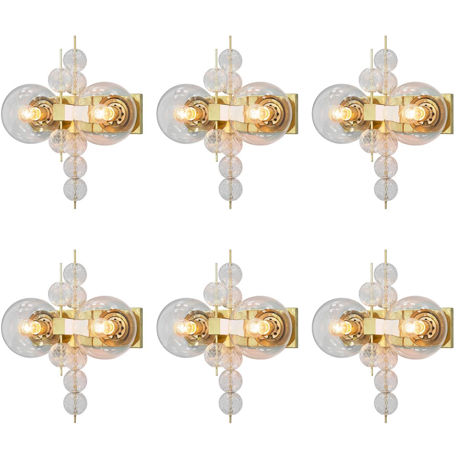 Set of Six Wall Light in Brass and Glass