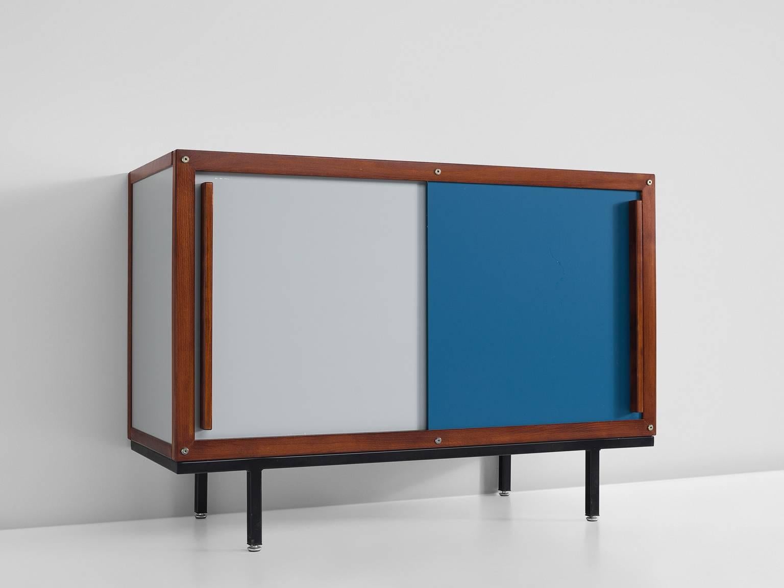 Cabinet, oak in grey and blue by Andre Sornay, France, 1960s.

This sideboard is designed and made by the French cabinetmaker Andre Sornay. The sideboard is executed in blue and grey sliding doors that are framed by solid oak. This cabinet is solid