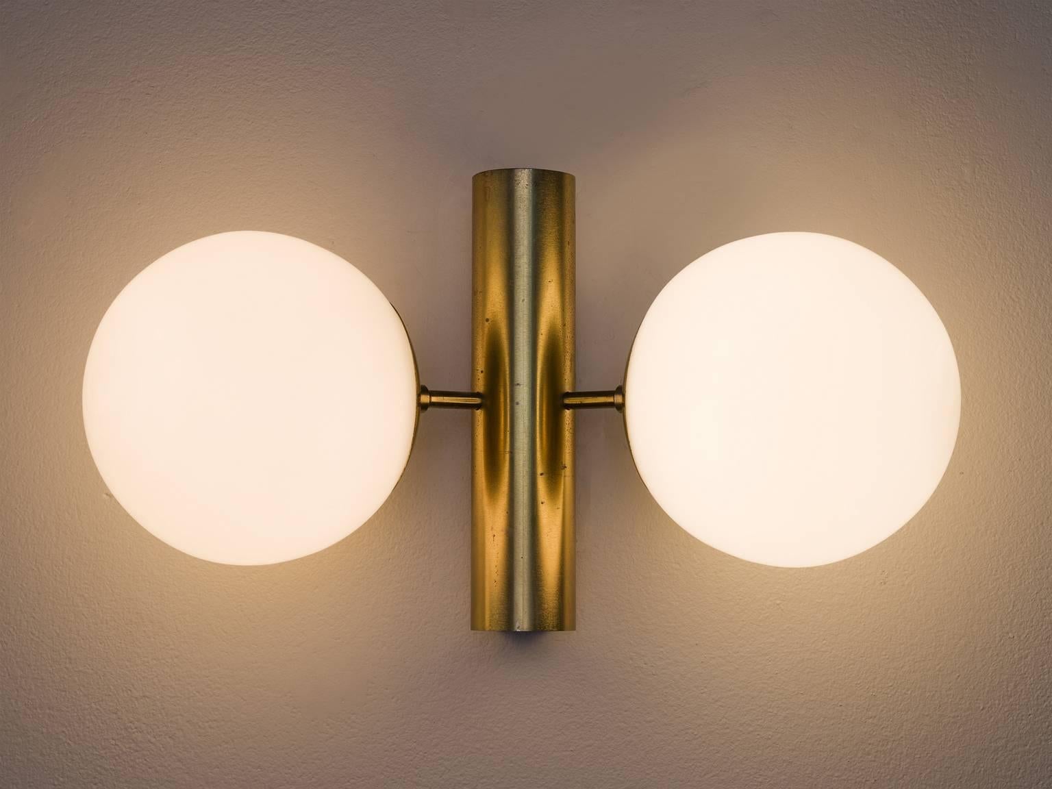 Mid-Century Modern Set of Two Opaline Brass Wall Lights
