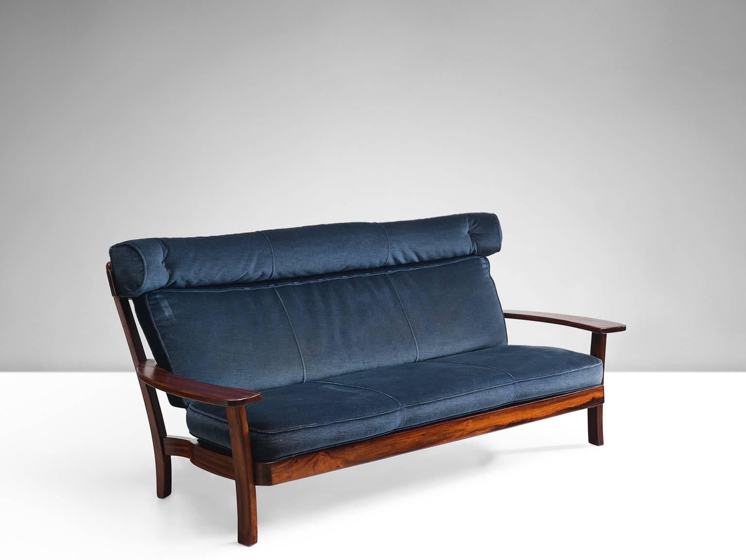 Mid-Century Modern Brazilian Rosewood Sofa with Navy Velvet Upholstery