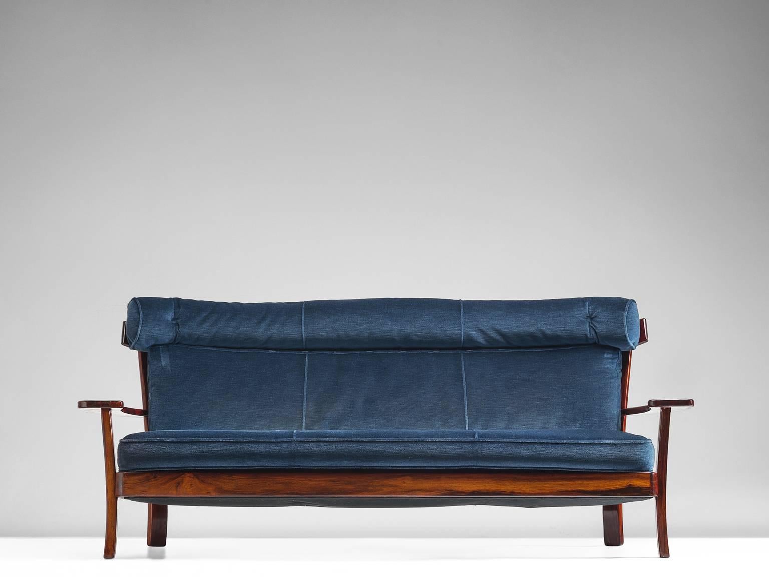 South American Brazilian Rosewood Sofa with Navy Velvet Upholstery