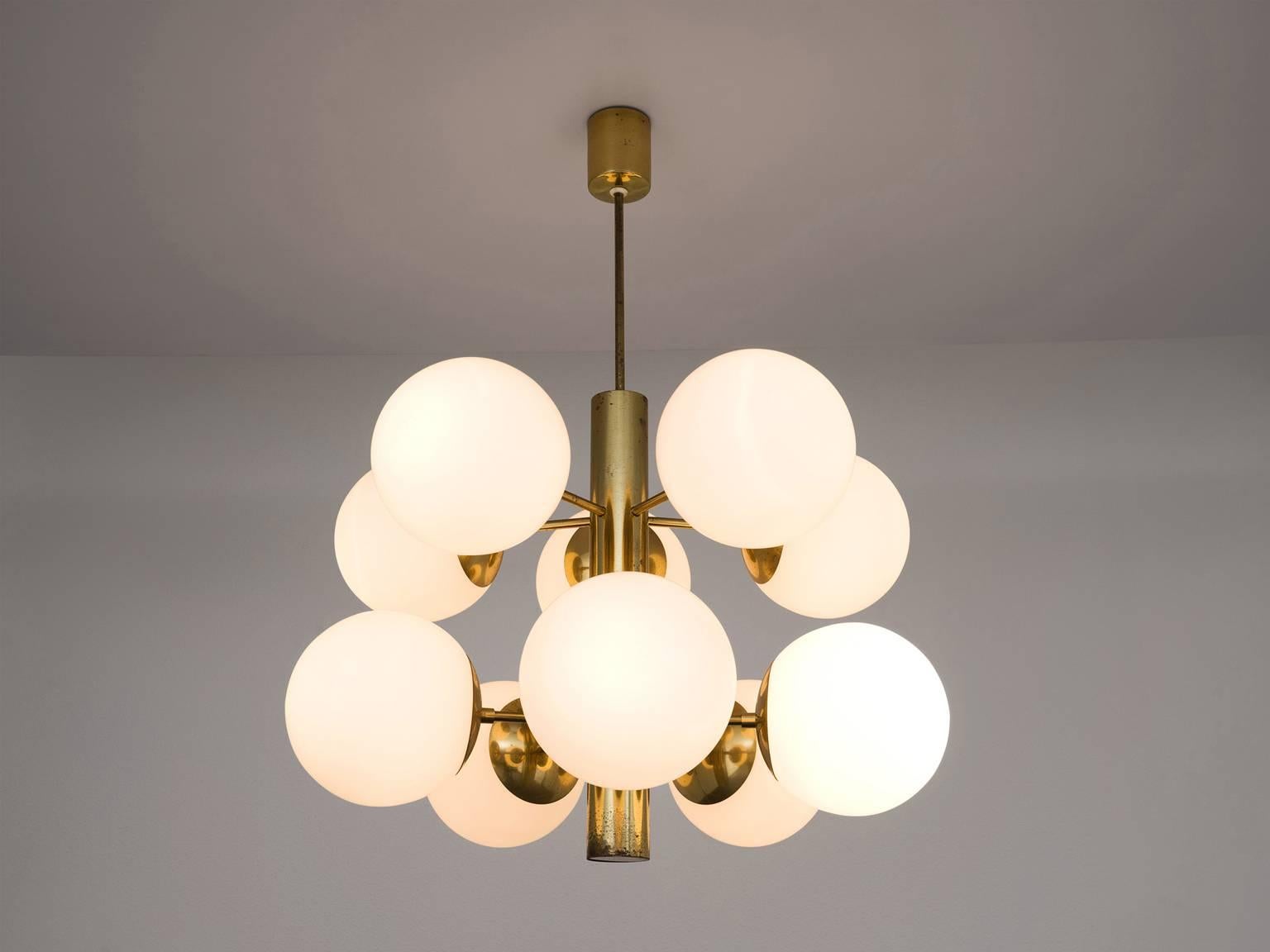 Post-Modern Sputnik Chandelier with Ten Opaline Glass Globes and Brass