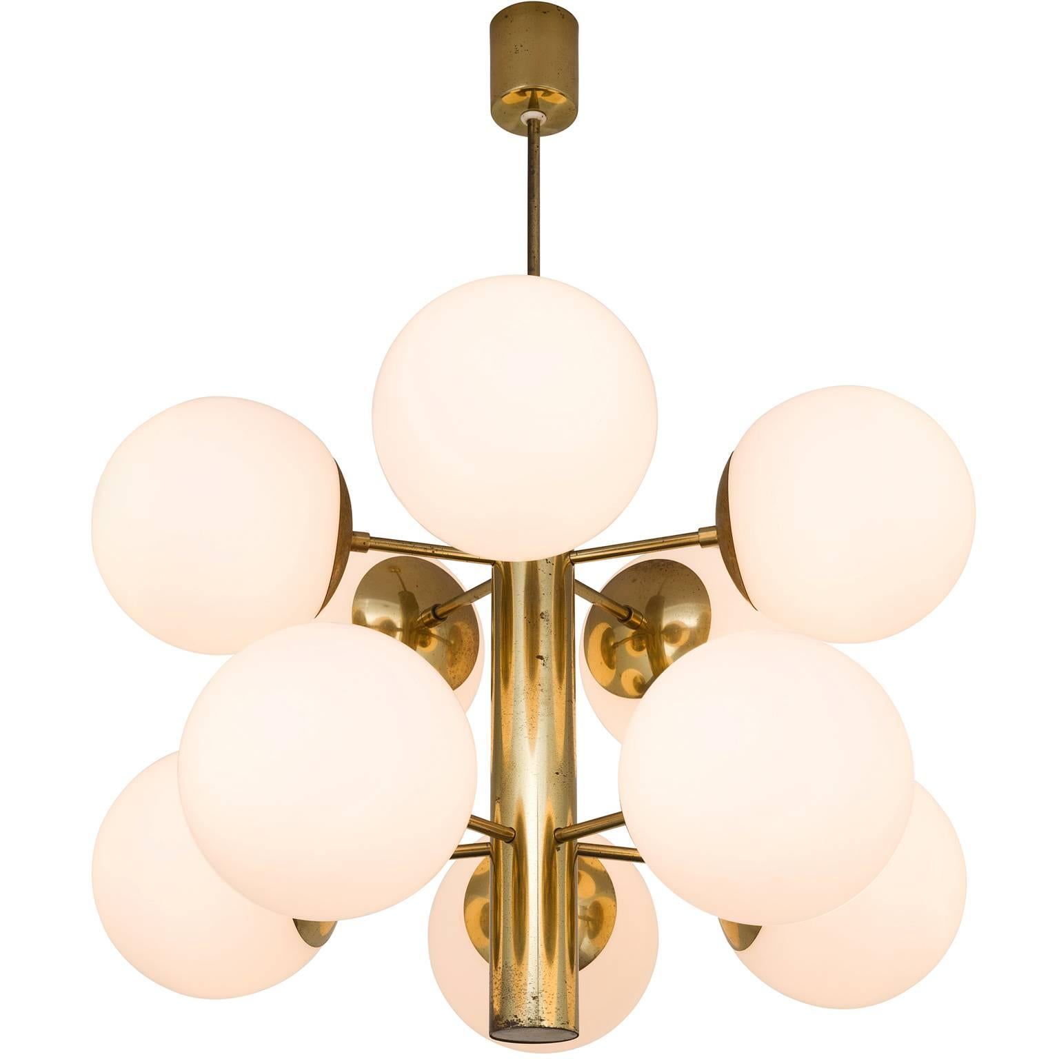 Sputnik Chandelier with Ten Opaline Glass Globes and Brass