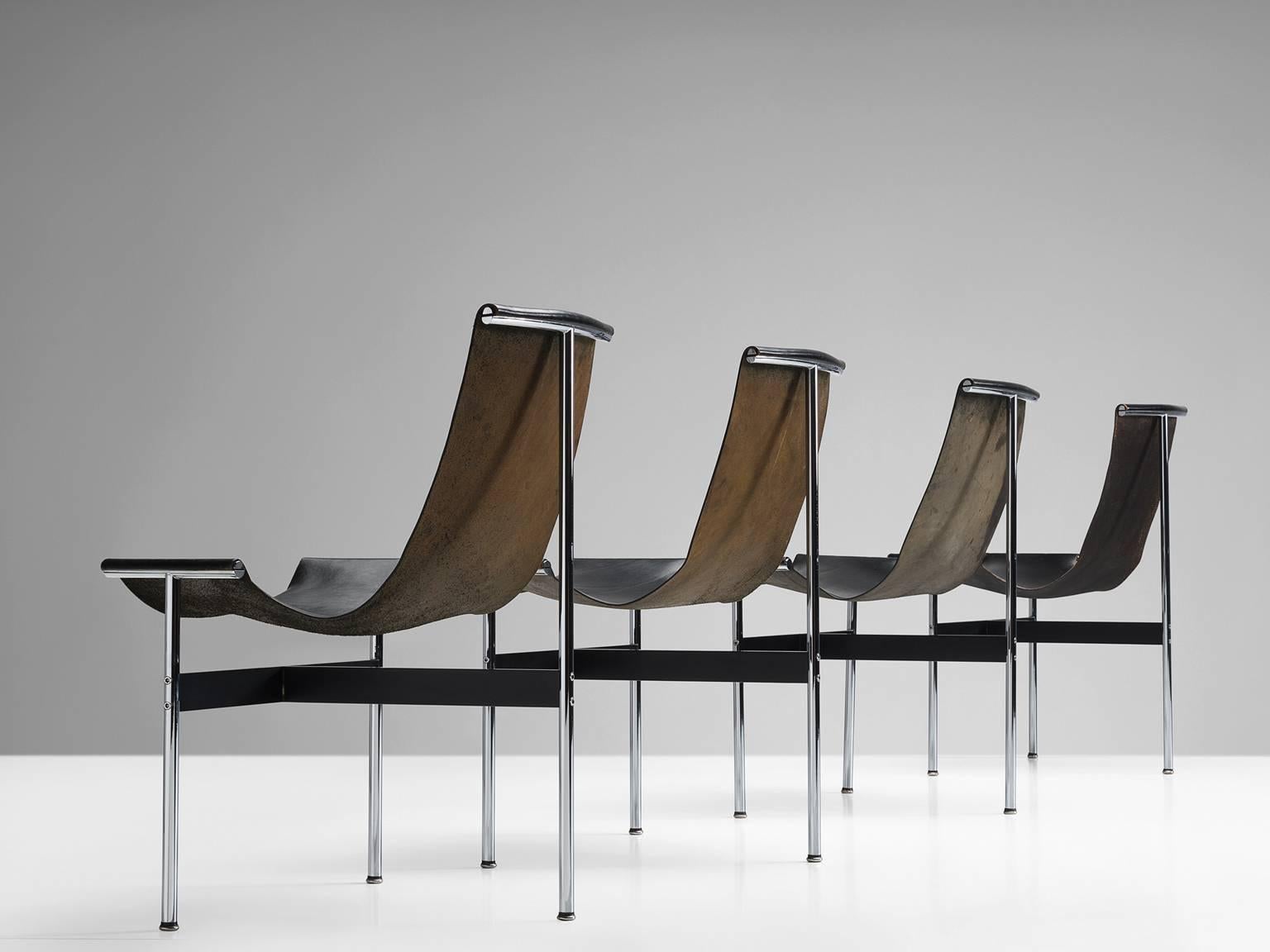 Katavolos, Kelley and Littell, chair, chrome-plated steel, enameled steel and black leather, United States, 1952.

This set of elegant and playful three-legged chairs seems almost too delicate to sit in. But in fact these sensuous chairs are very
