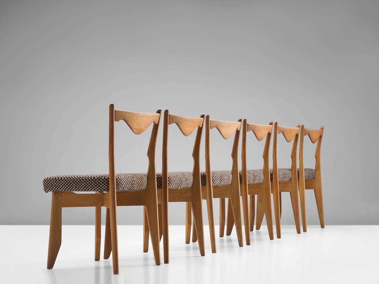 French Guillerme & Chambron Set of Six Dining Chairs in Oak and Fabric Seating