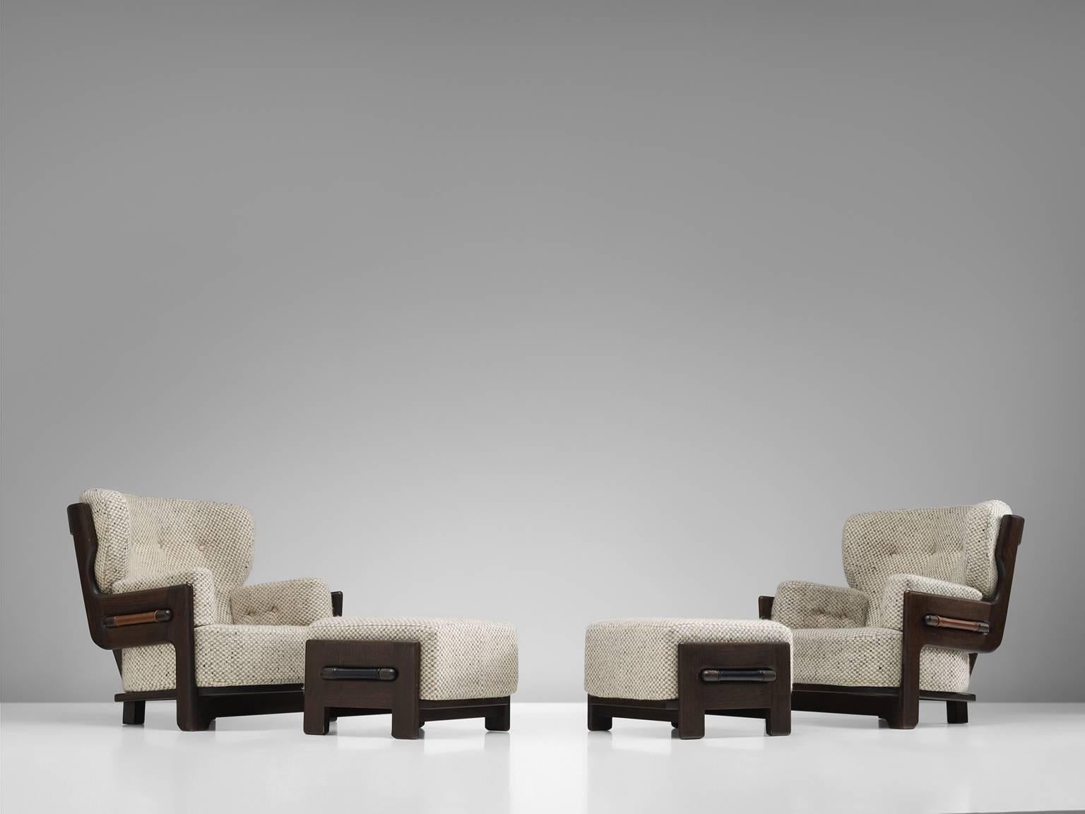Mid-20th Century French Guillerme and Chambron Lounge Set with Ottomans in Stained Solid Oak