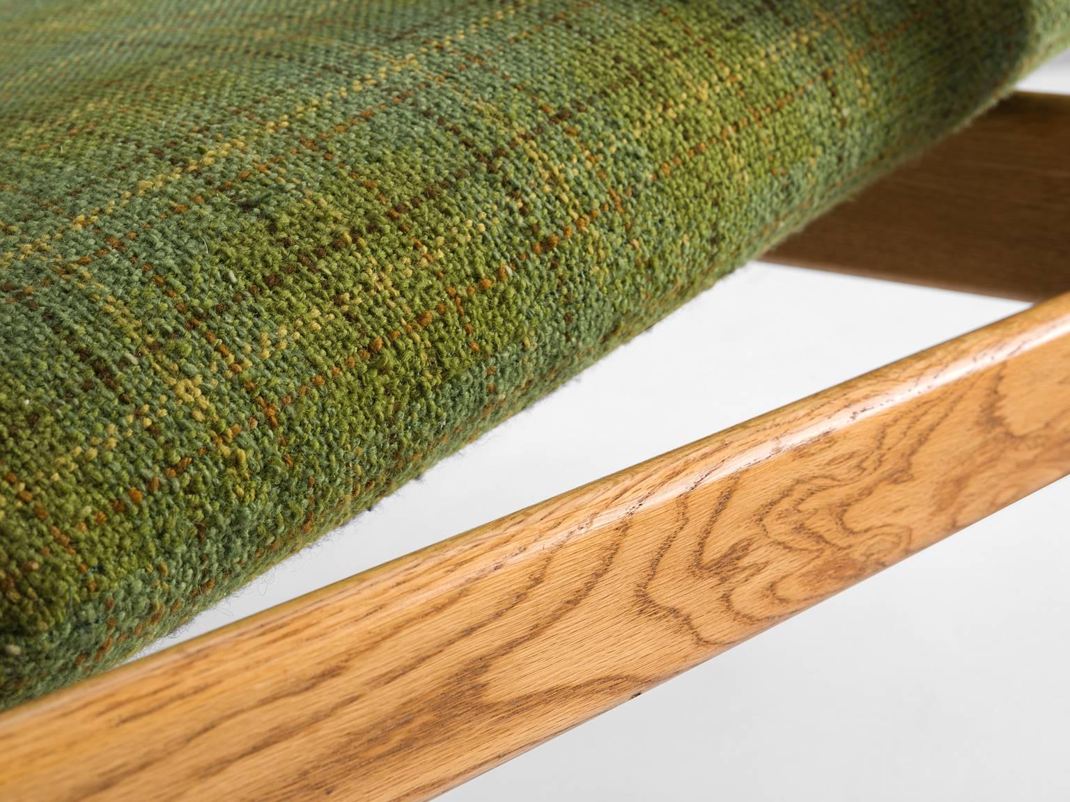 Scandinavian Modern Hans Wegner Armchairs in Green Checked Fabric and Oak