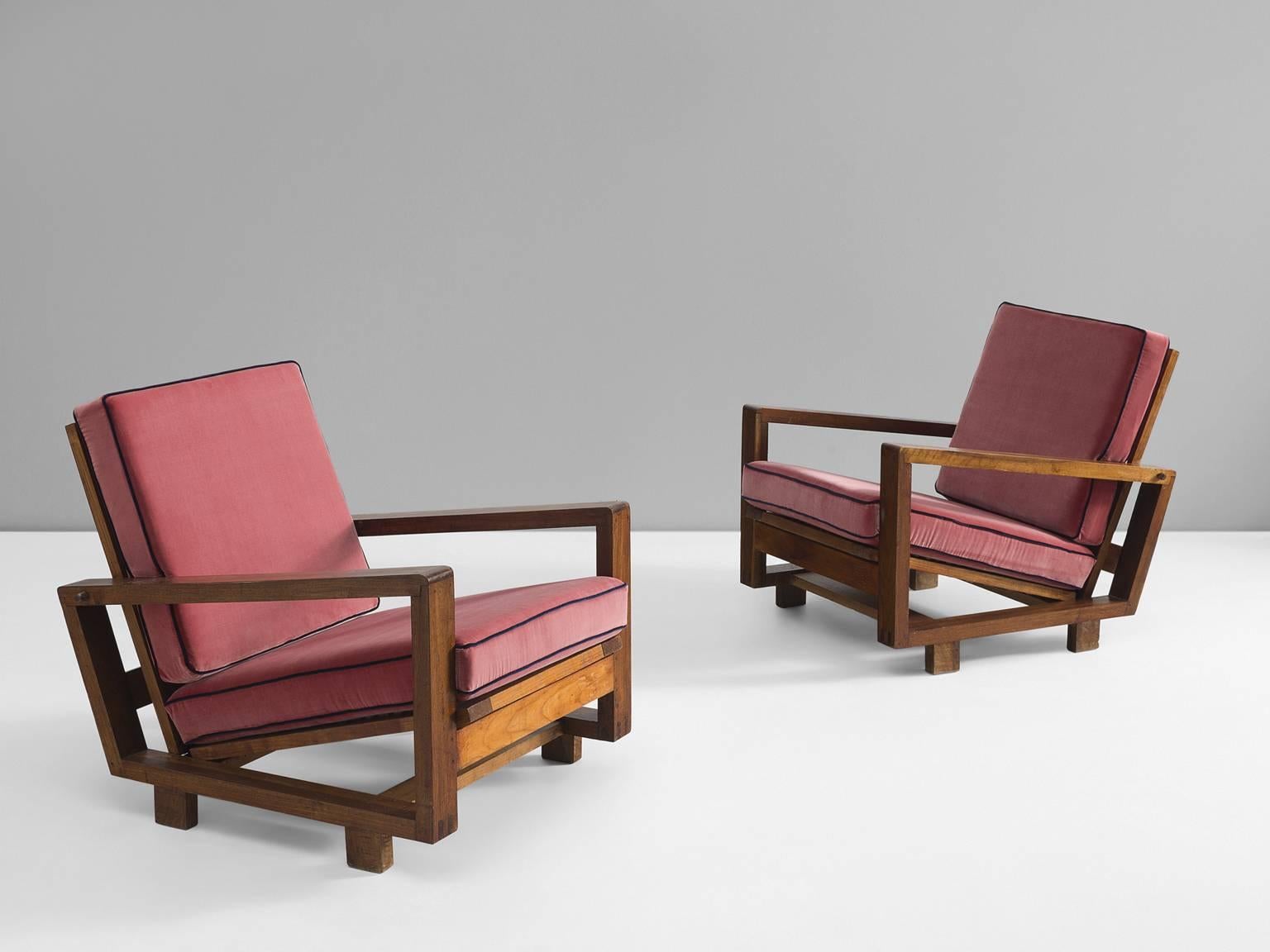 Mid-Century Modern Newly Upholstered Reclining Pink Cubist Armchairs, 1950s