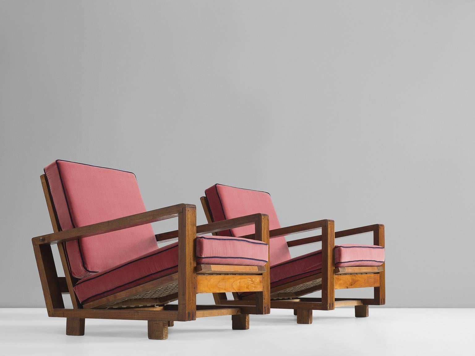 Italian Newly Upholstered Reclining Pink Cubist Armchairs, 1950s
