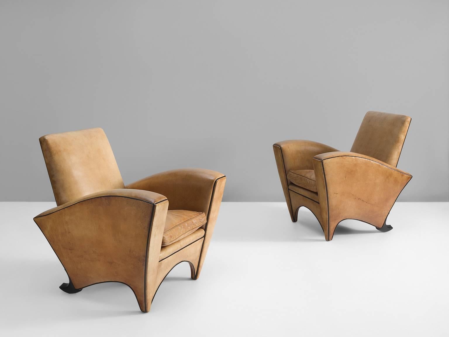 Mid-Century Modern Pair of Cognac Leather Club Chairs, 1960s