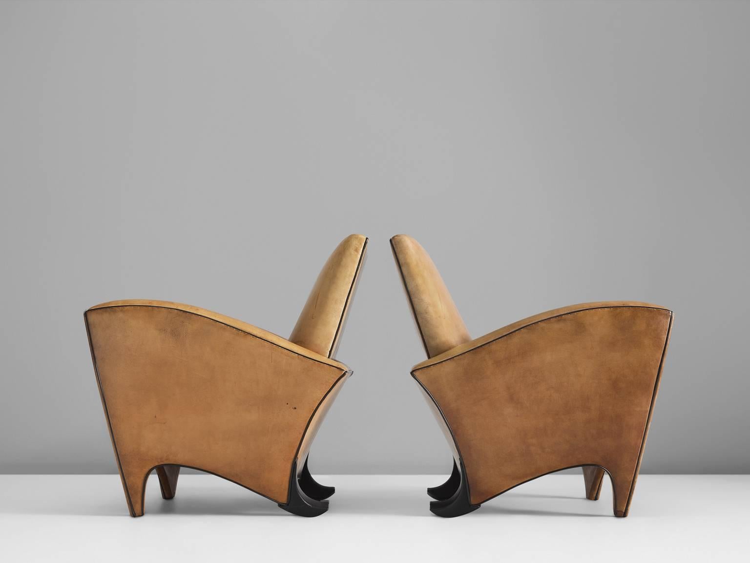 European Pair of Cognac Leather Club Chairs, 1960s