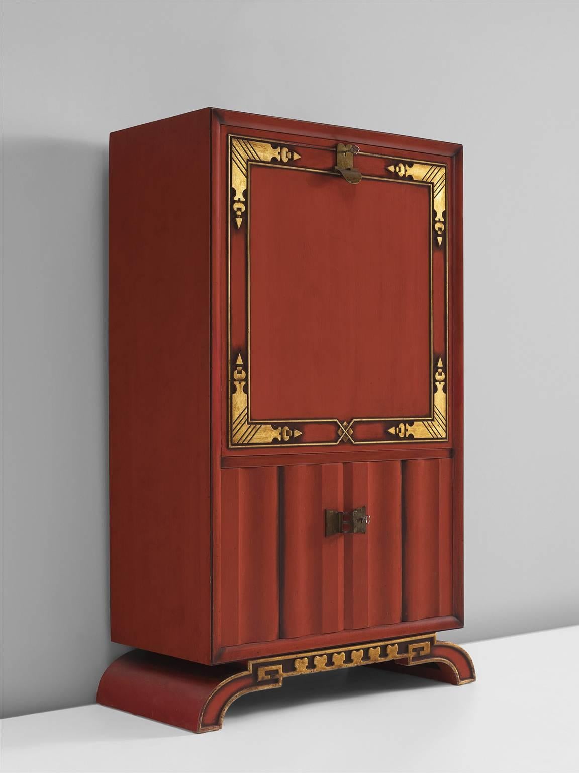 Bar cabinet, in red painted mahogany, walnut, woot, gold-leaf, brass and glass, by Charles Van Beerleire, Belgium, 1930s. 

This chinoiserie Art Deco cabinet is produced in Belgium, circa 1930s. The front is decorated with graphical and Oriental