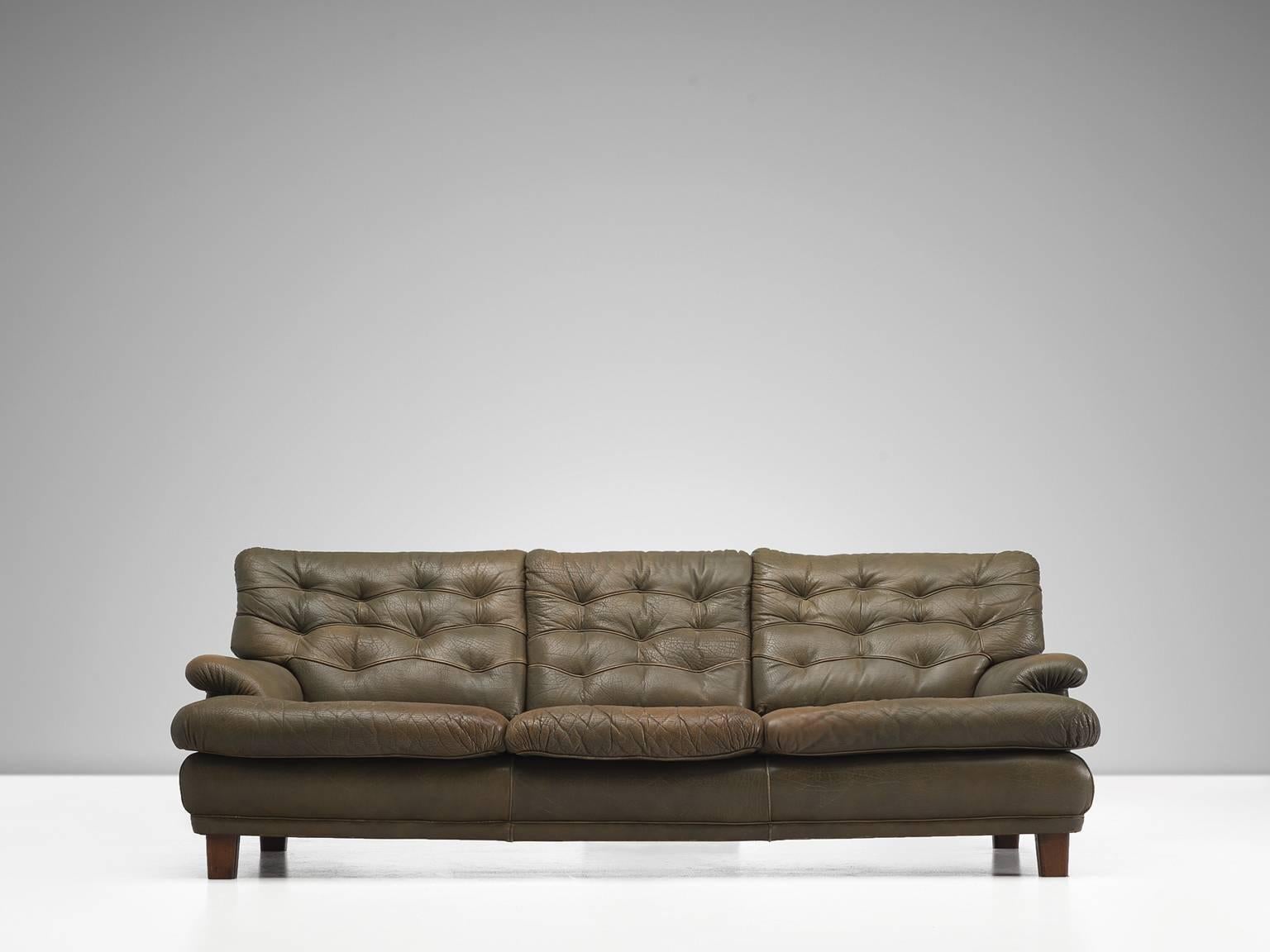Scandinavian Modern Arne Norell Three-Seat Sofa in Patinated Olive Green Leather