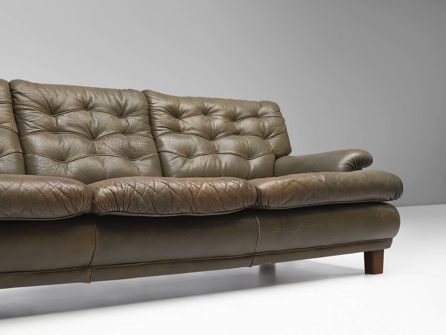 Arne Norell Three-Seat Sofa in Patinated Olive Green Leather In Good Condition In Waalwijk, NL