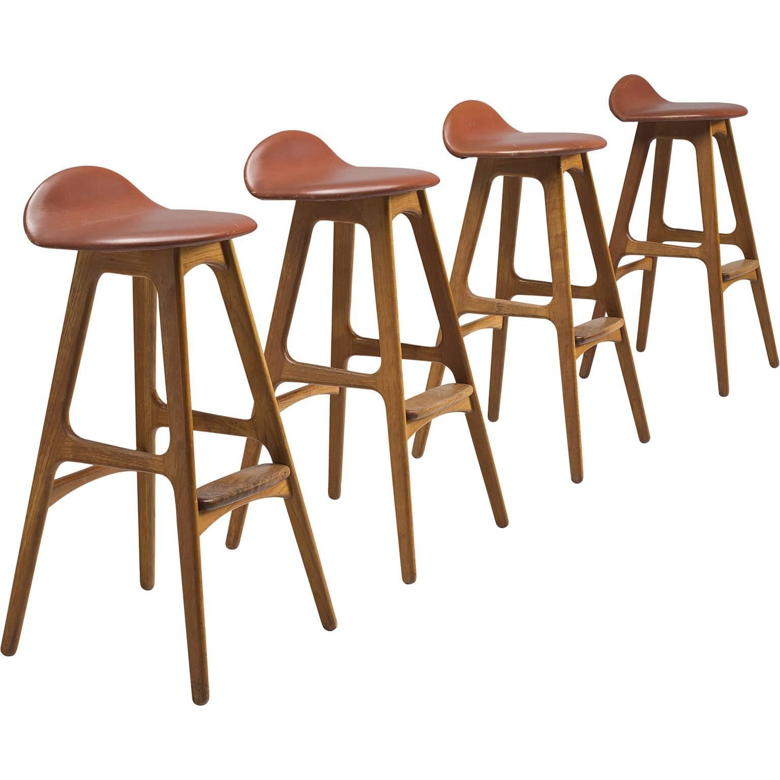 Erik Buch Sienna Red Leather and Teak Barstools