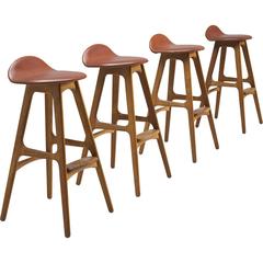 Retro Erik Buch Sienna Red Leather and Teak Barstools