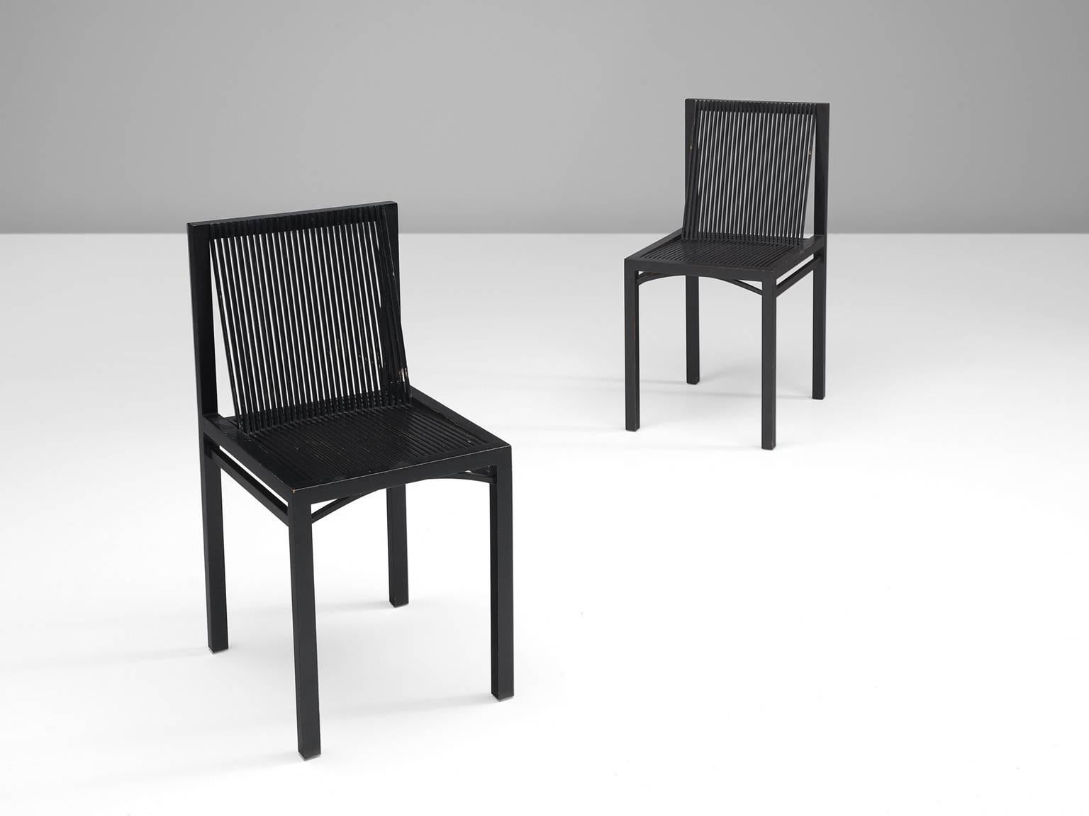 Side chairs, painted black birch, by Ruud-Jan Kokke, The Netherlands, 1984. 

This set of side chairs is executed in birch that has been painted black. The chairs are joint together by means of construction, meaning that no nails are used. The