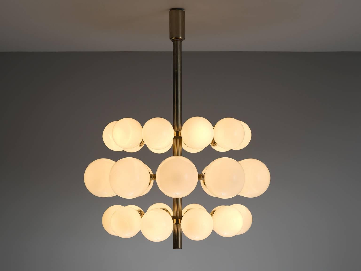 Mid-Century Modern Sputnik Chandelier with Thirty Opaline Glass Globes and Brass