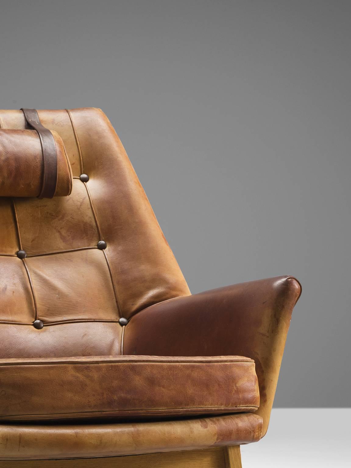 'Glimminge' by Kindt-Larsen in Original Cognac Leather and Oak In Excellent Condition In Waalwijk, NL