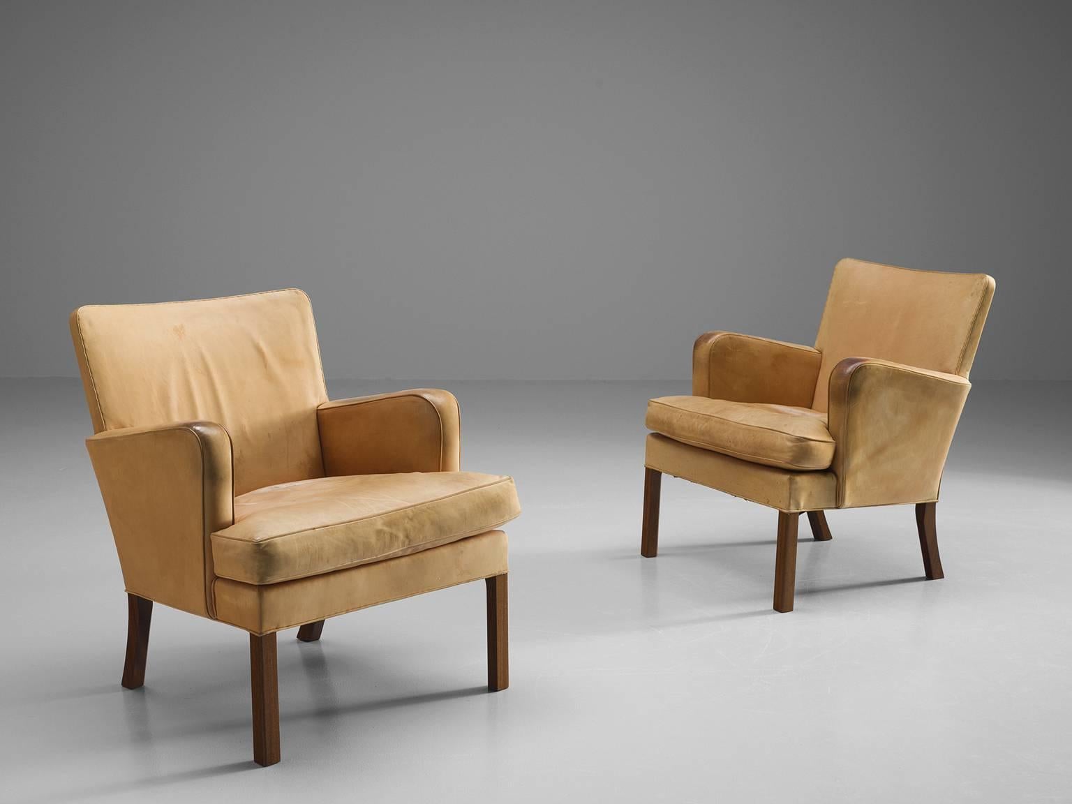 Scandinavian Modern Kaare Klint Pair of Cognac Lounge Chairs, 1930s
