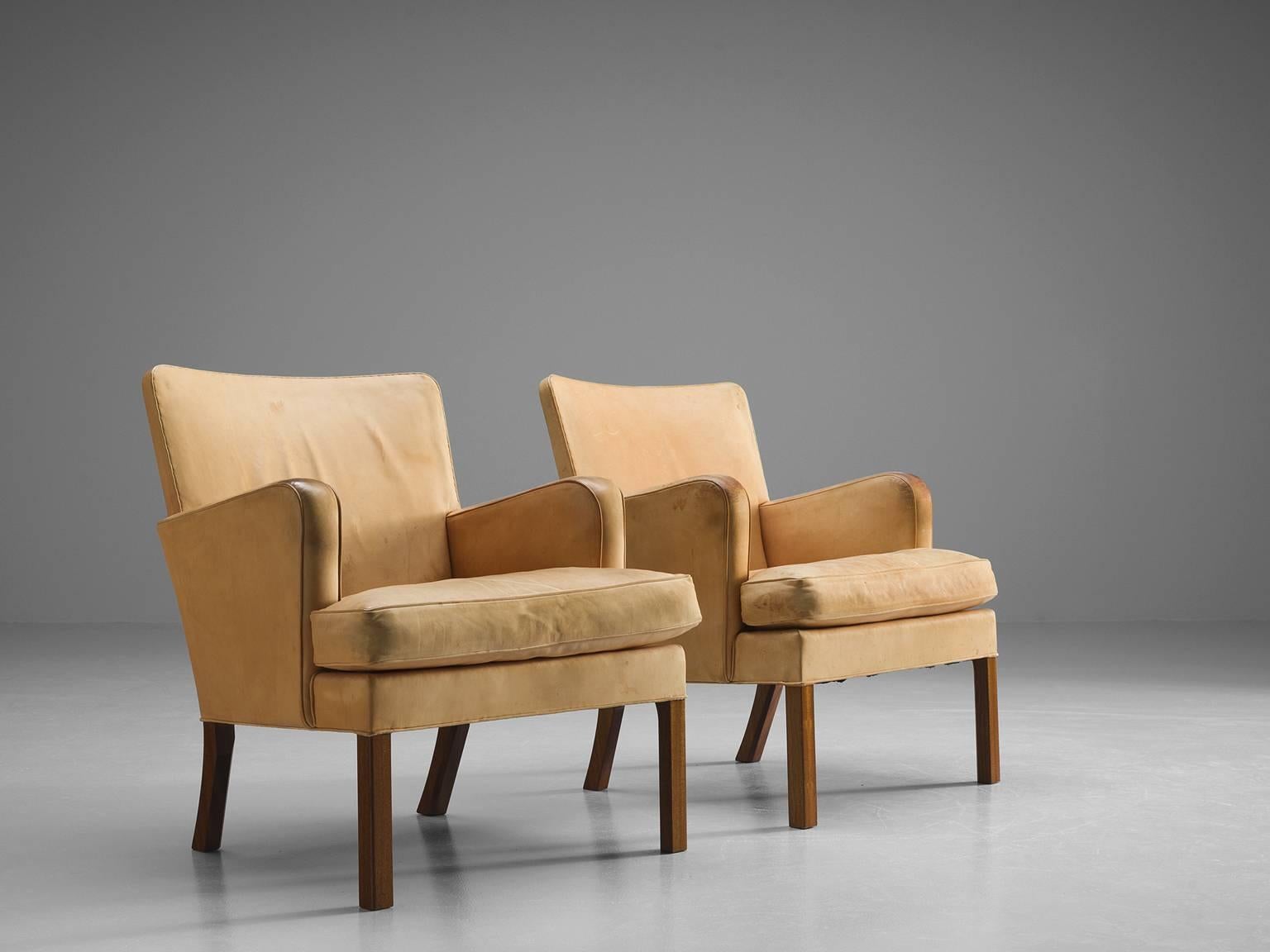 Danish Kaare Klint Pair of Cognac Lounge Chairs, 1930s