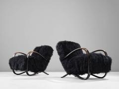 Jindrich Halabala Lounge Chairs in Black Tibetan Lambswool