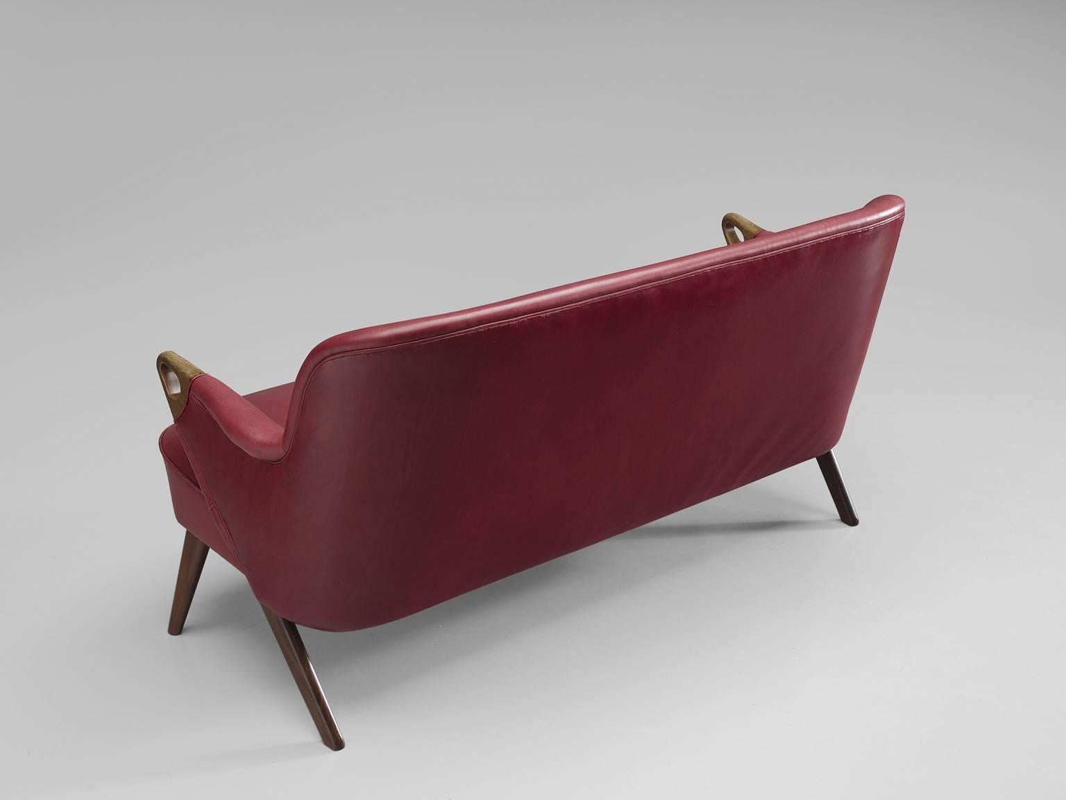 Mid-20th Century Danish Settee in Berry Red Leather and Teak