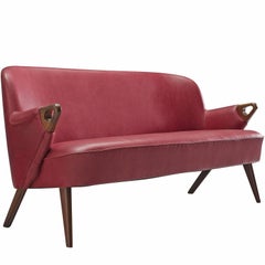 Vintage Danish Settee in Berry Red Leather and Teak