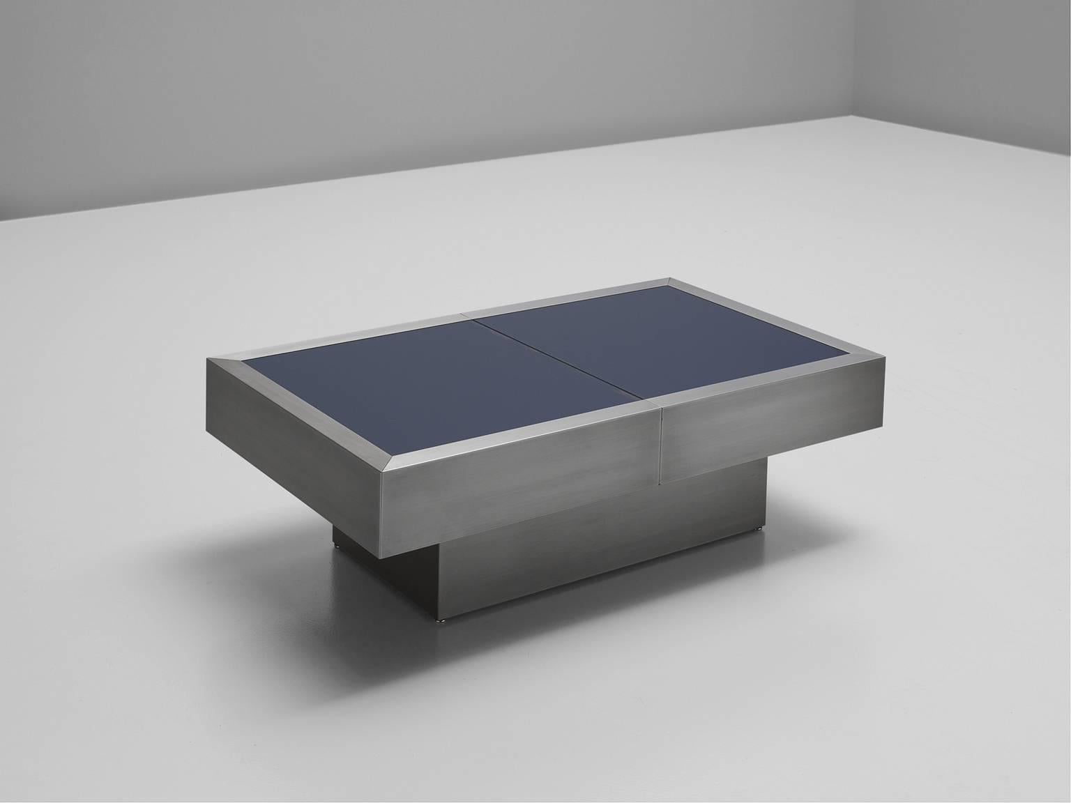 Post-Modern Extendable Cocktail Table in Steel and Blue Glass