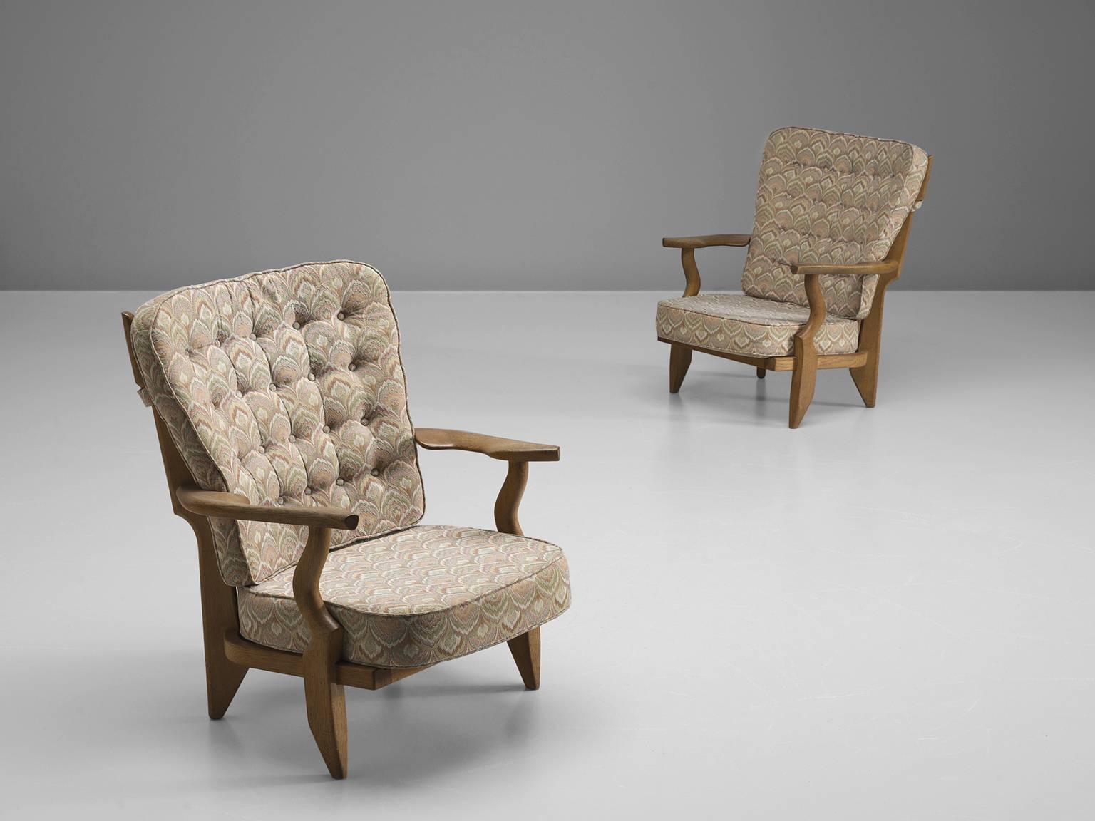 Mid-Century Modern Guillerme & Chambron Carved Oak High Back Chairs