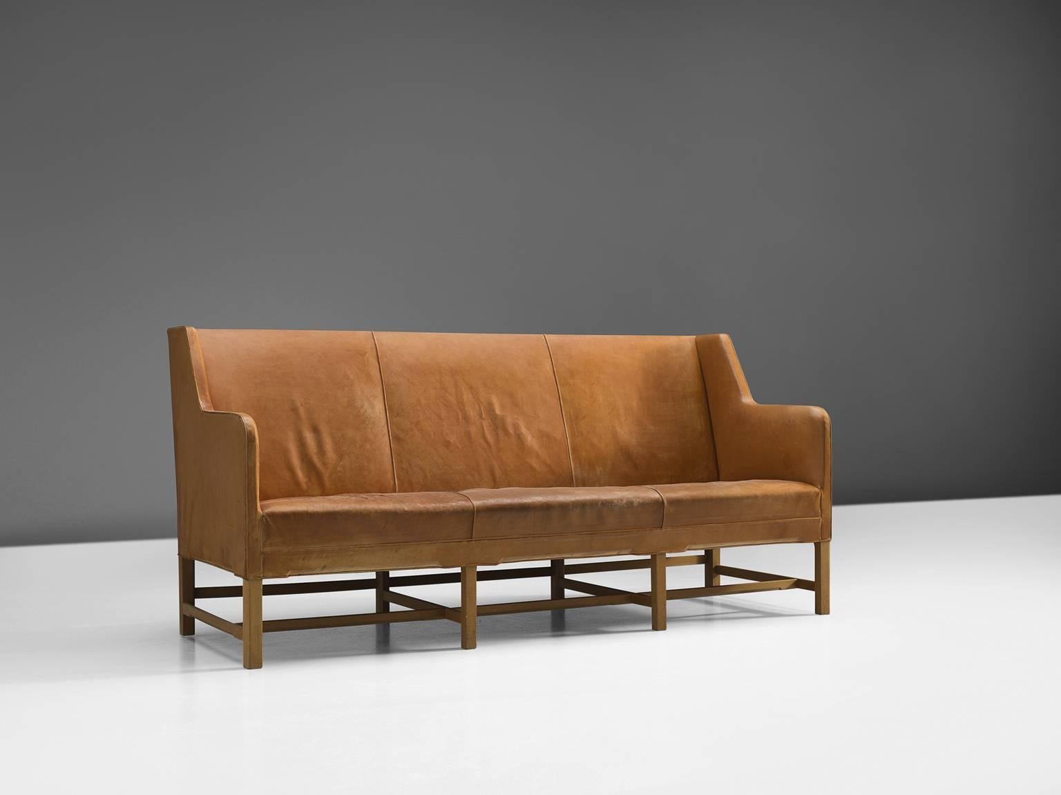 Danish Kaare Klint Sofa in Oak and Original Cognac Leather