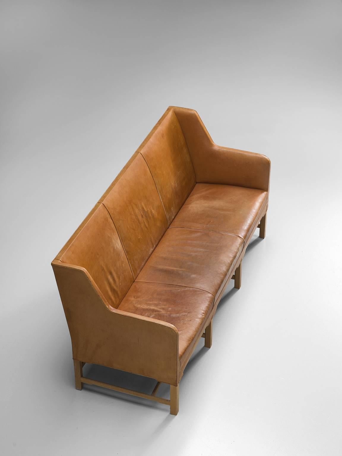 Scandinavian Modern Kaare Klint Sofa in Oak and Original Cognac Leather